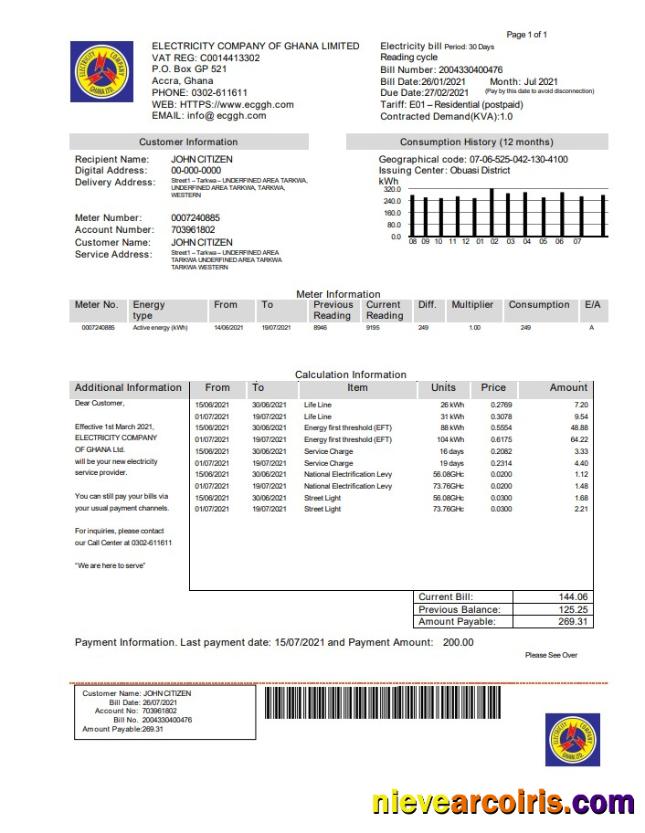 Ghana Electricity Company of Ghana utility bill